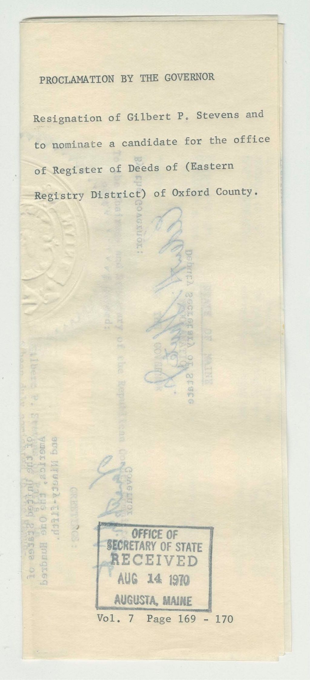 Miniature of Resignation of Gilbert P. Stevens and to nominate a candidate for the office of Register of Deeds of (Eastern Registry District) of Oxford County