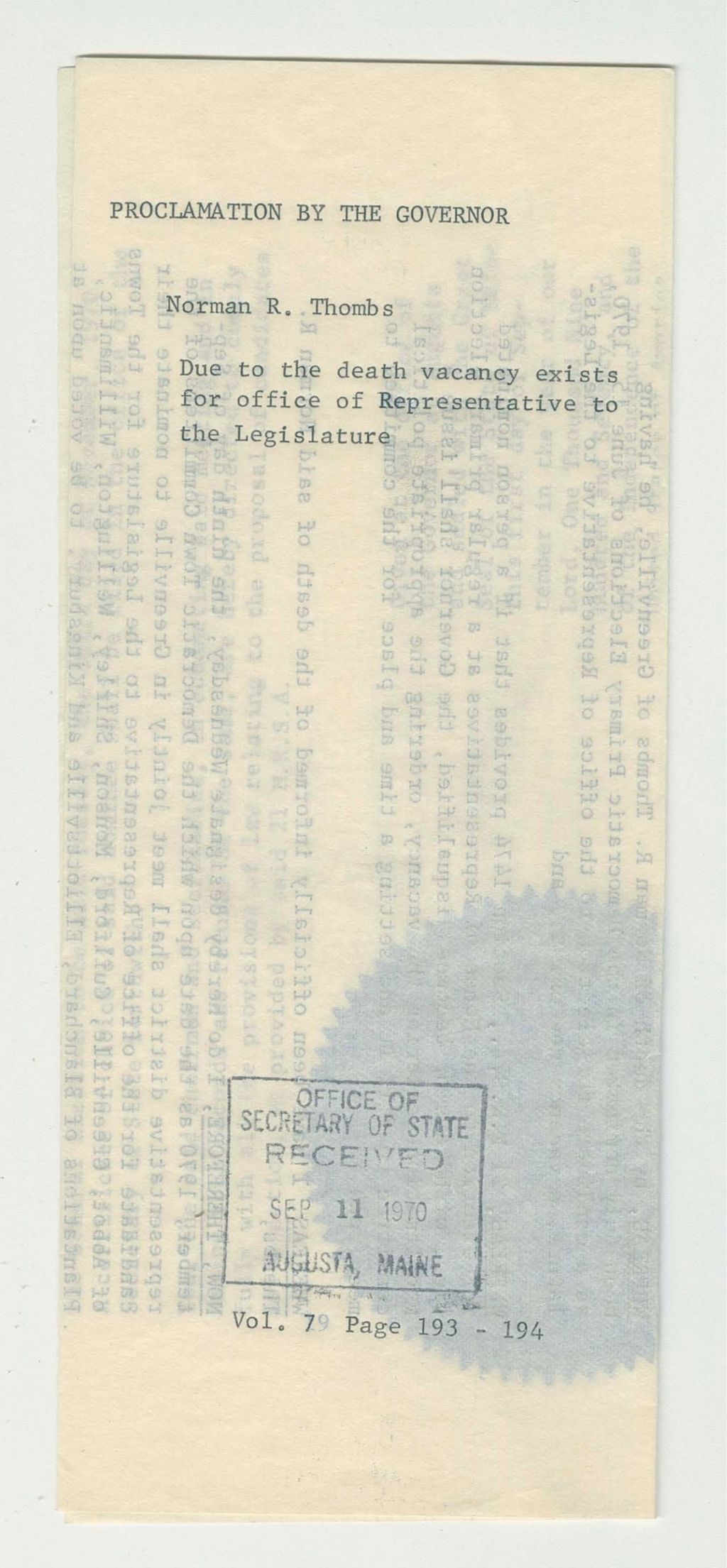 Miniature of Norman R. Thombs- due to the death vacancy exists for office of Representative to the Legislature