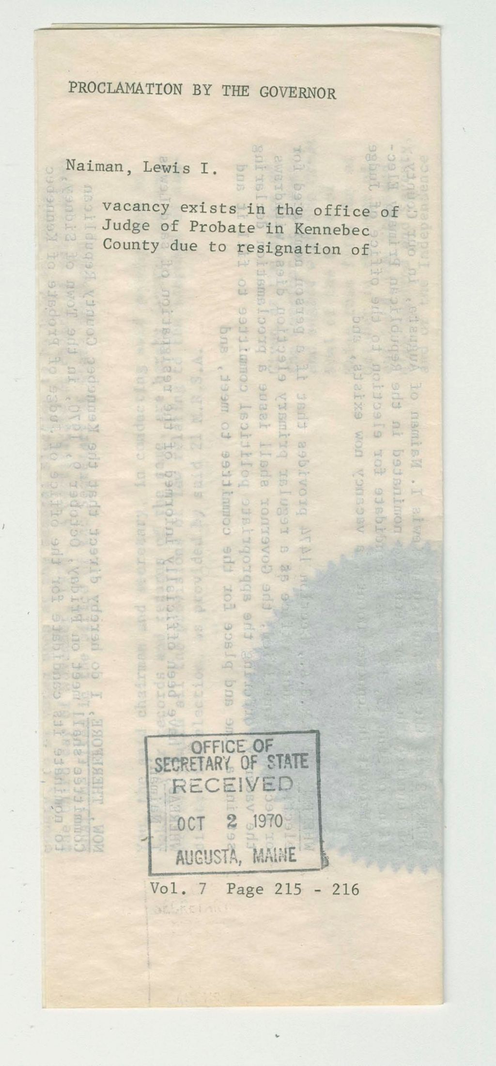 Miniature of Vacancy exists in the office of Judge of Probate in Kennebec County due to resignation of Lewis I. Naiman