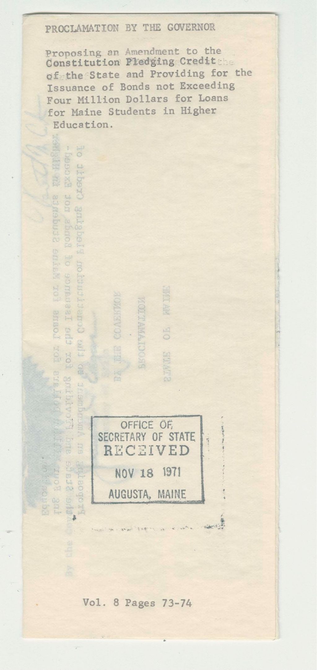 Miniature of Proposing an Amendment to the Constitution Pledging Credit of the State and Providing for the Issuance of Bonds not exceeding Four Million Dollars for Loans for Maine Students in Higher Education