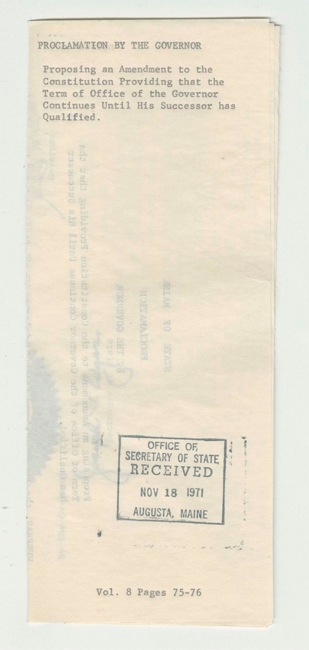 Miniature of Proposing an Amendment to the Constitution Providing that the Term of Office of the Governor Continues Until His Successor has Qualified