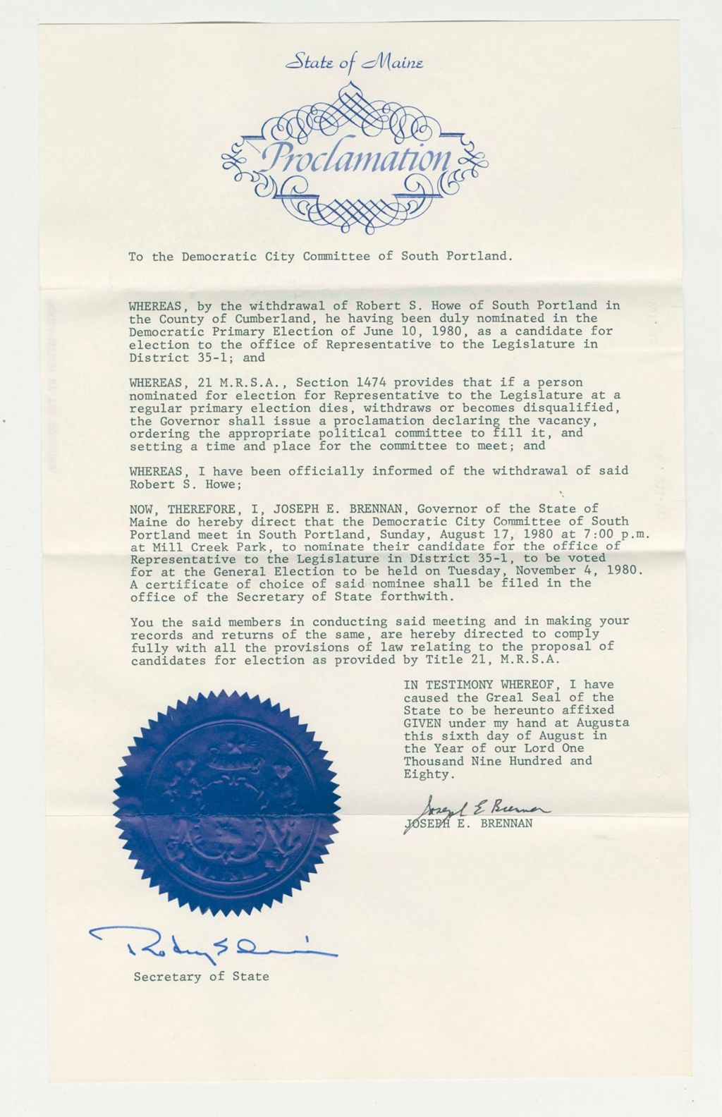 Miniature of Nomination for Election due to withdrawal of Robert S. Howe (South Portland)