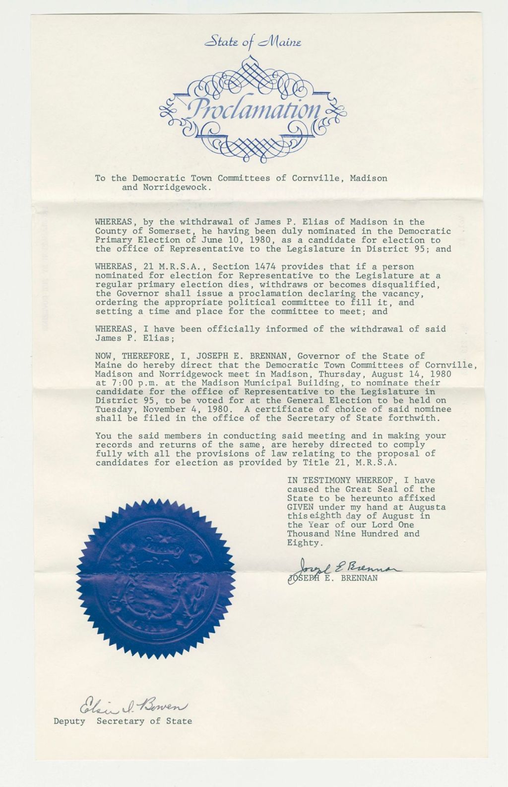 Miniature of Nomination for Election due to withdrawal of James P. Elias (Madison)