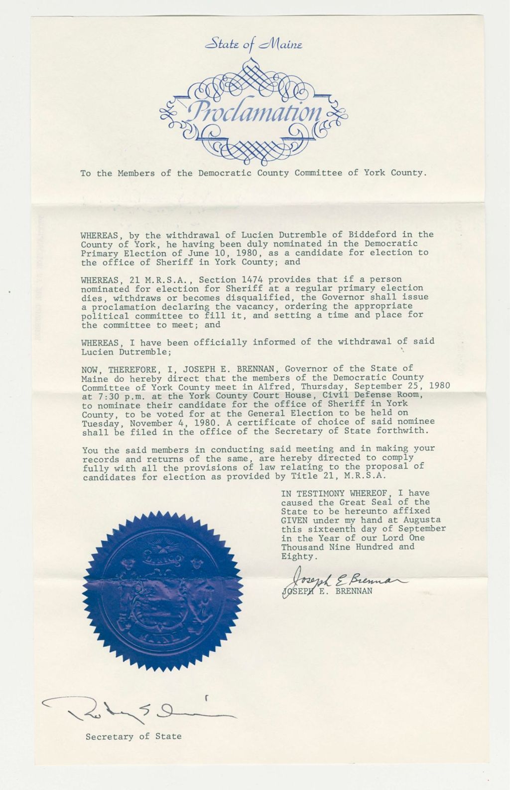 Miniature of Nomination for Election due to withdrawal of Lucien Dutremble (Biddeford)