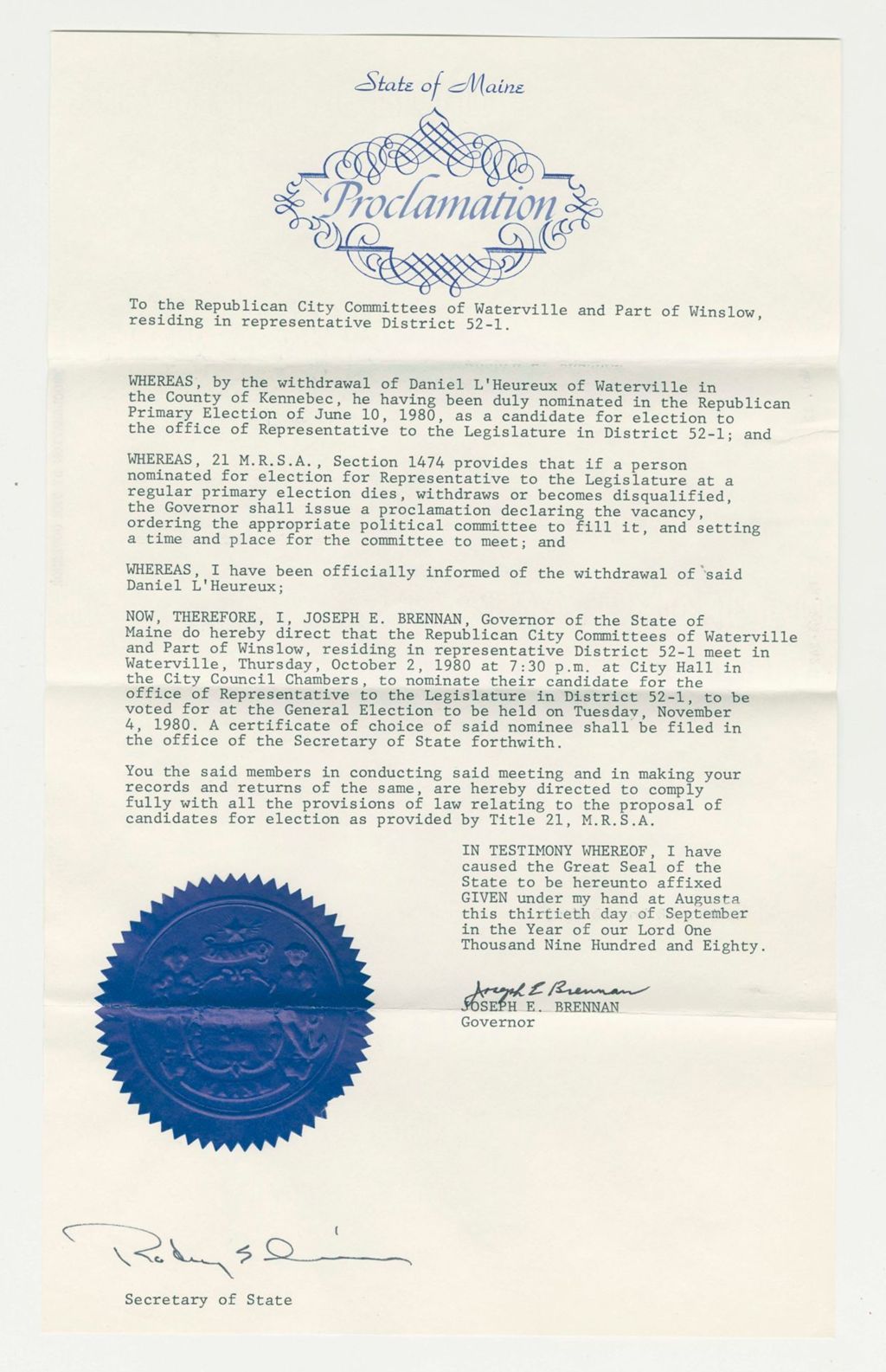 Miniature of Nomination for Election due to withdrawal of Daniel L'Heureux (Waterville)
