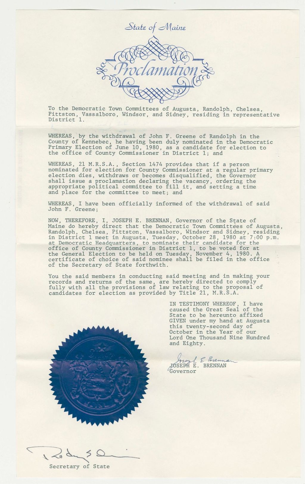 Miniature of Nomination for Election due to withdrawal of John F. Greene (Randolph)