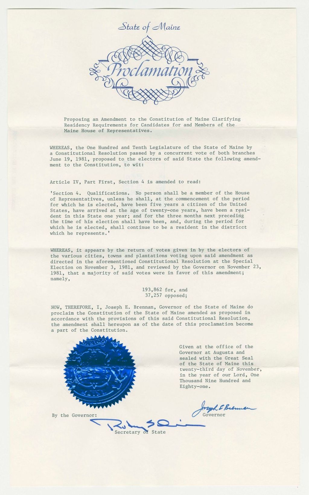 Miniature of Acceptance of Amendment to Constitution clarifying Residency Requirements for Candidates for and Members of the Maine House of Representatives