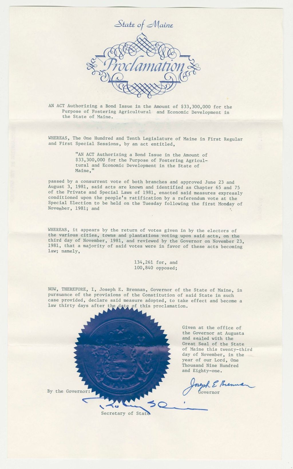 Miniature of Acceptance of an Act Authorizing a Bond Issue in the amount of $33,300,000 for the Purpose of Fostering Agricultural and Economic Development in the State of Maine