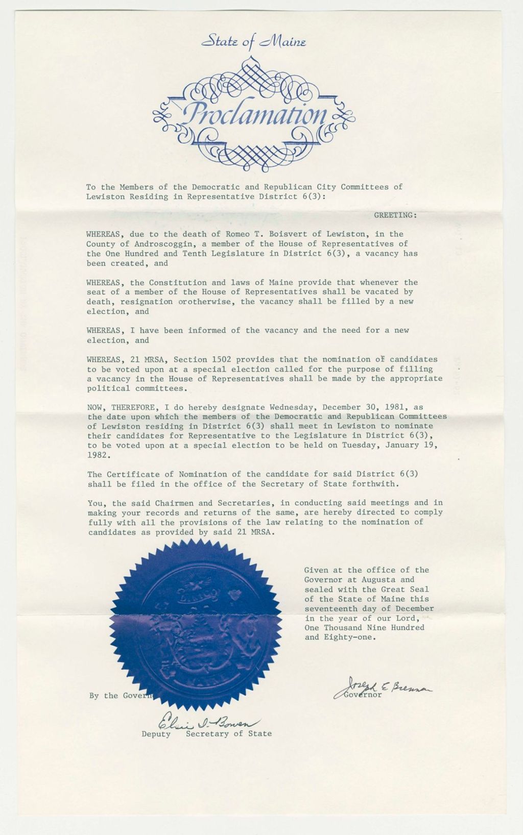 Miniature of Nomination for Election due to death of Romeo T. Boisvert
