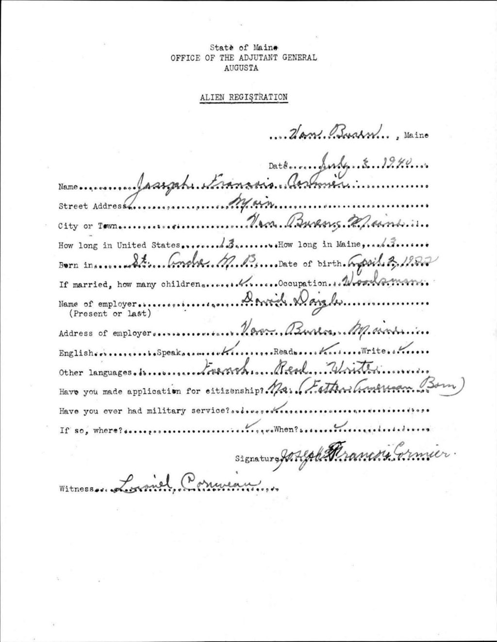 Miniature of Alien Registration- Cormier, Joseph F. (Van Buren, Aroostook County)