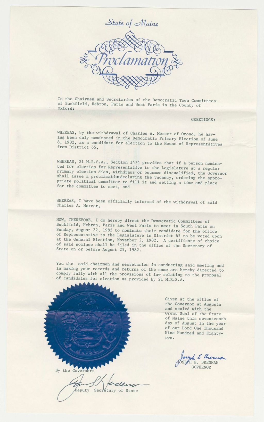 Miniature of Nomination for Election due to withdrawal of Charles A. Mercer (Orono)