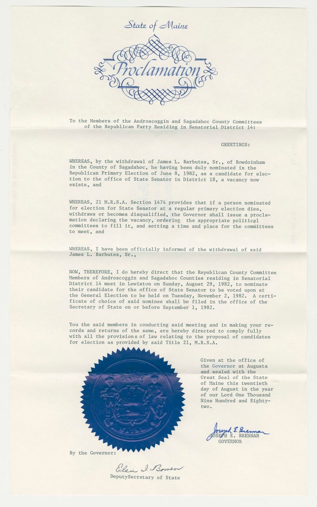 Miniature of Nomination for Election due to withdrawal of James L. Barbutes, Sr. (Bowdoinham)