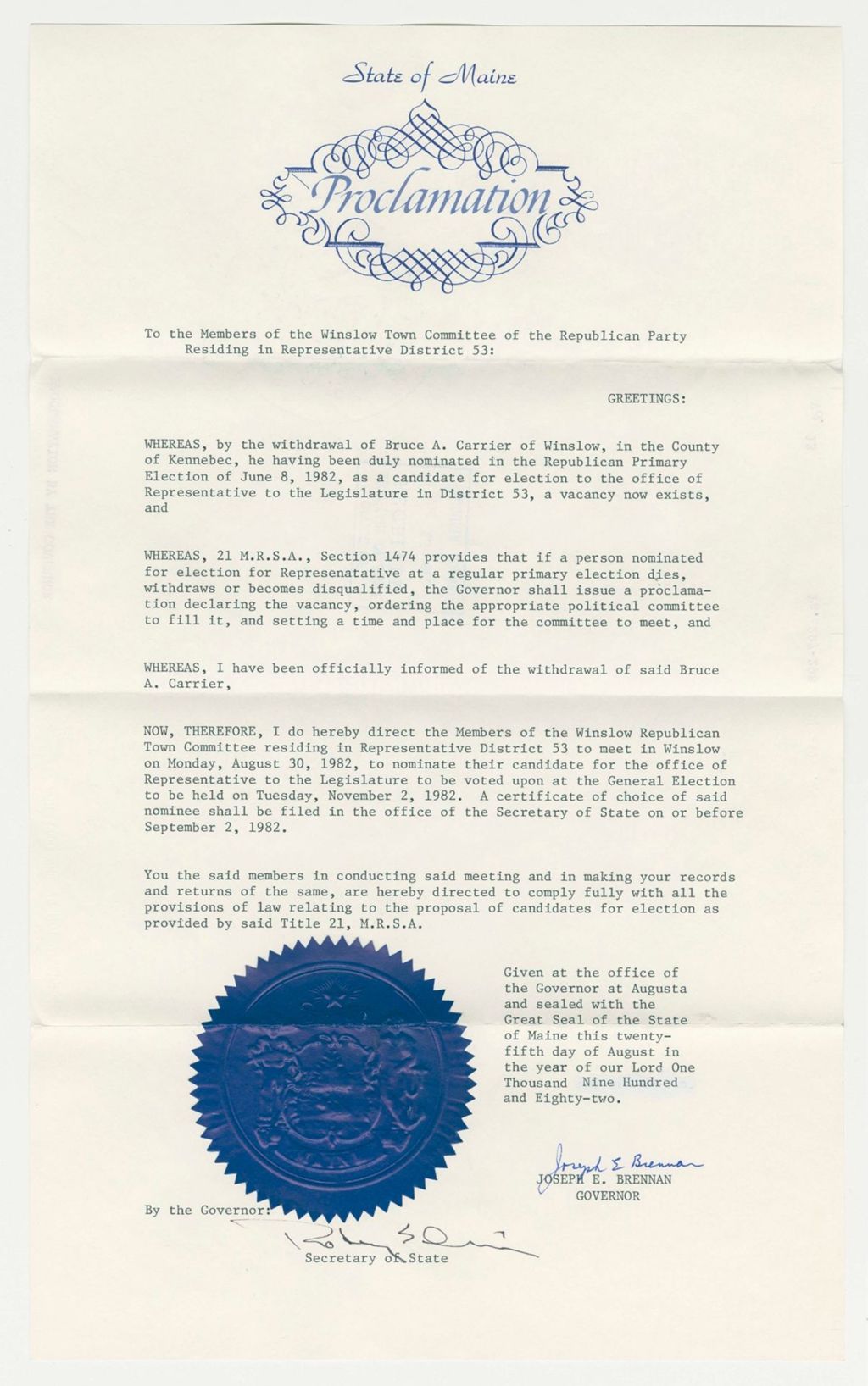 Miniature of Nomination for Election due to withdrawal of Bruce A. Carrier (Winslow)