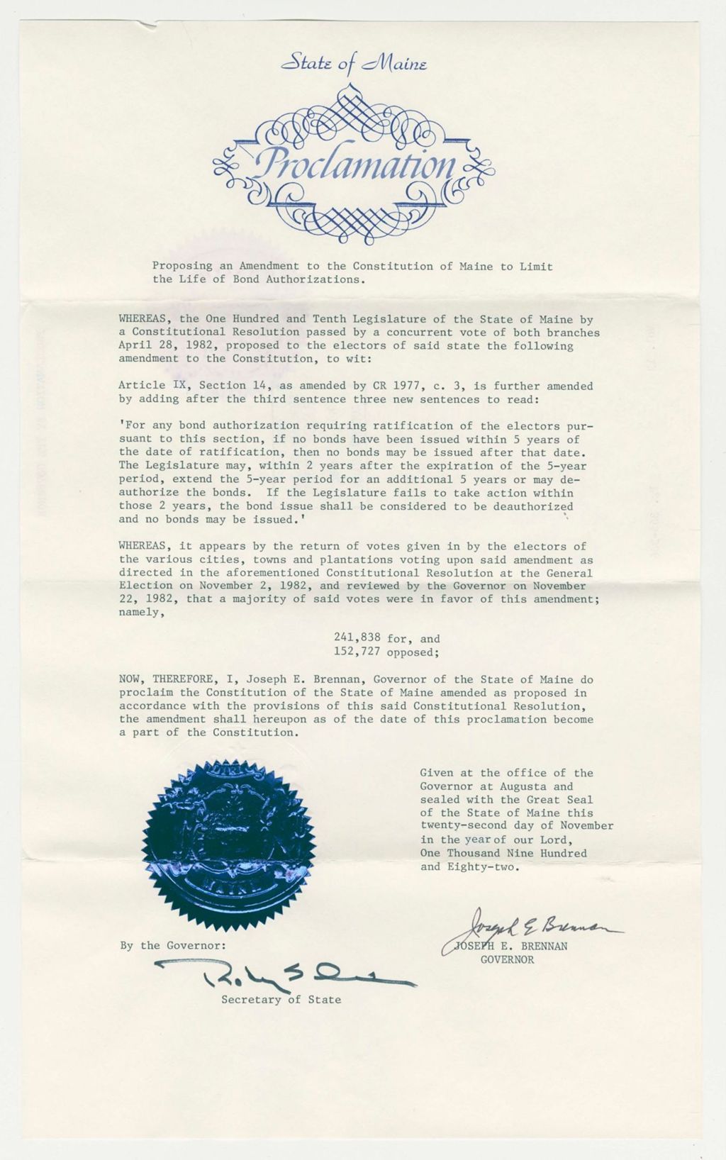 Miniature of Acceptance of Amendment to Limit the Life of Bond Authorizations