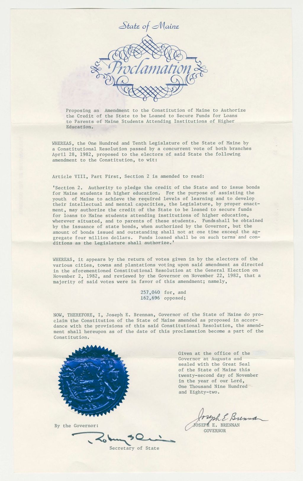 Miniature of Acceptance of Amendment to the Constitution to Authorize the Credit of the State to be Loaned to Secure Funds for Loans to Parents of Maine Students Attending Institutions of Higher Education