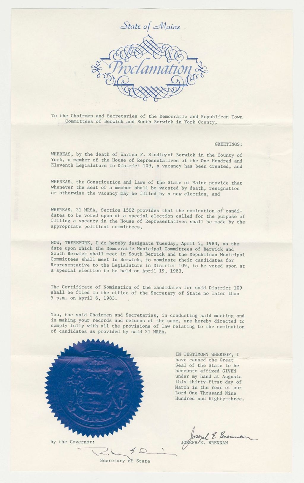 Miniature of Nomination for Election due to death of Warren F. Studley (Berwick)