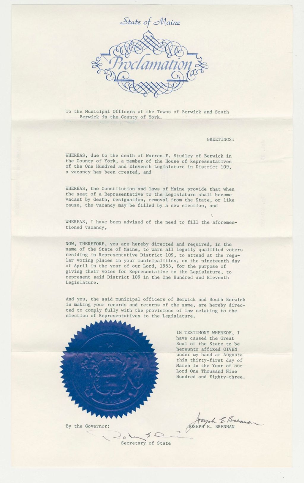 Miniature of Nomination for Election due to death of Warren F. Studley (Berwick)