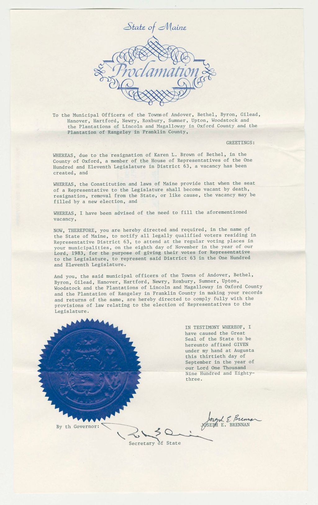 Miniature of Nomination for Election due to the resignation of Karen L. Brown (Bethel)