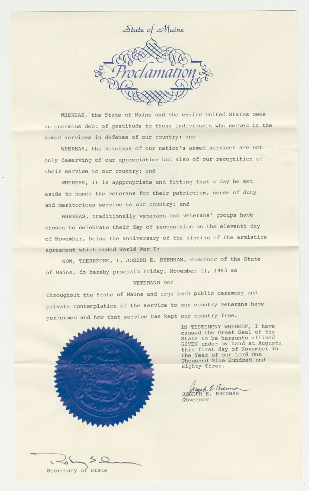 Miniature of Veterans Day Proclamation