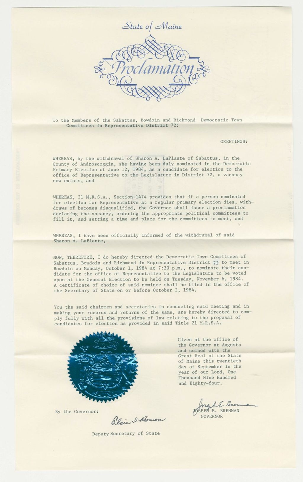 Miniature of Nomination for Election due to the withdrawal of Sharon A. LaPlante (Sabattus)