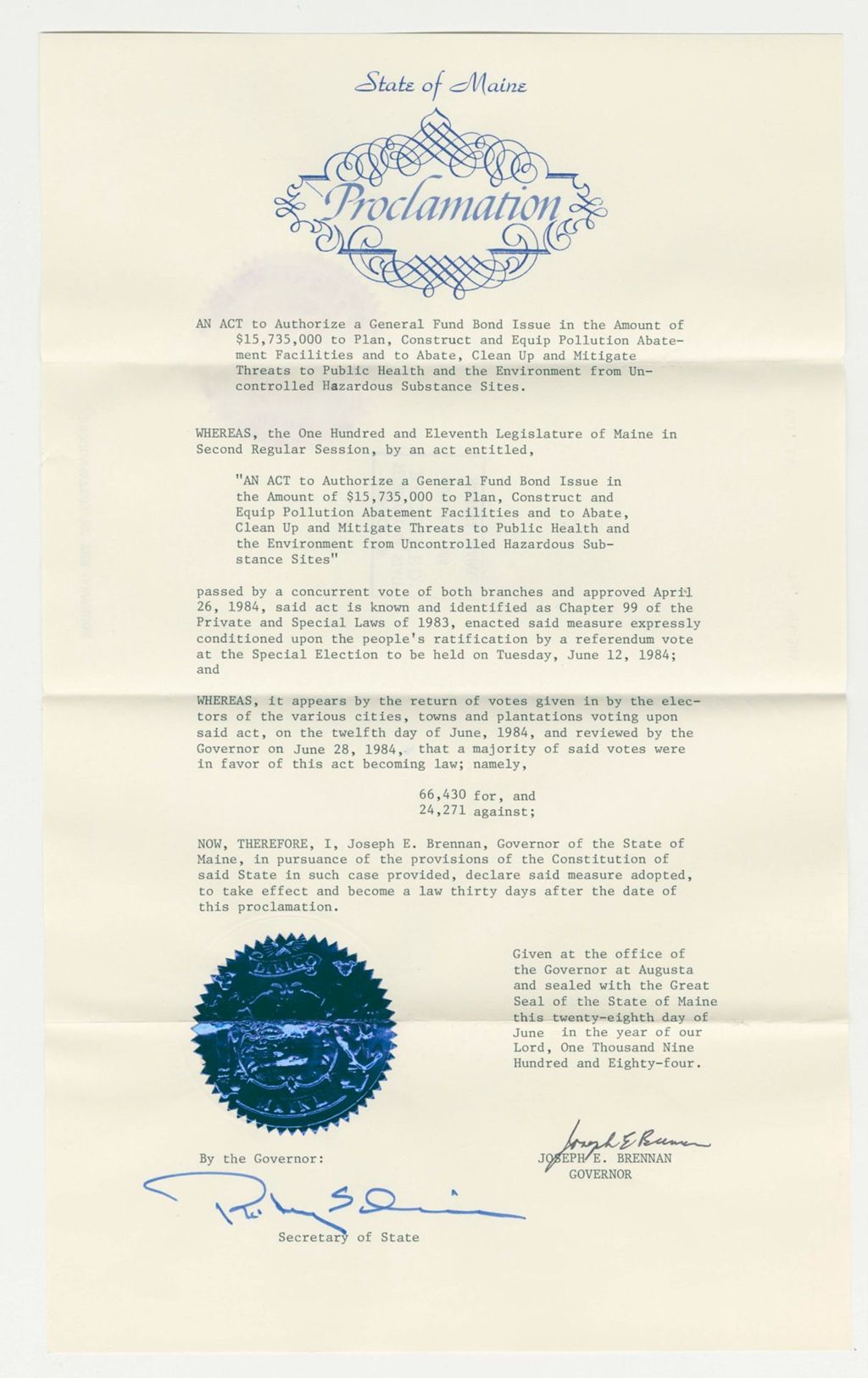 Miniature of Acceptance of an Act to Authorize a General Fund Bond Issue in the Amount of $15,735,000 to Plan, Construct and Equip Pollution Abatement Facilities and to Abate, Clean Up and Mitigate Threats to Public Health and the Environment from Uncontrolled Hazardous Substance Sites