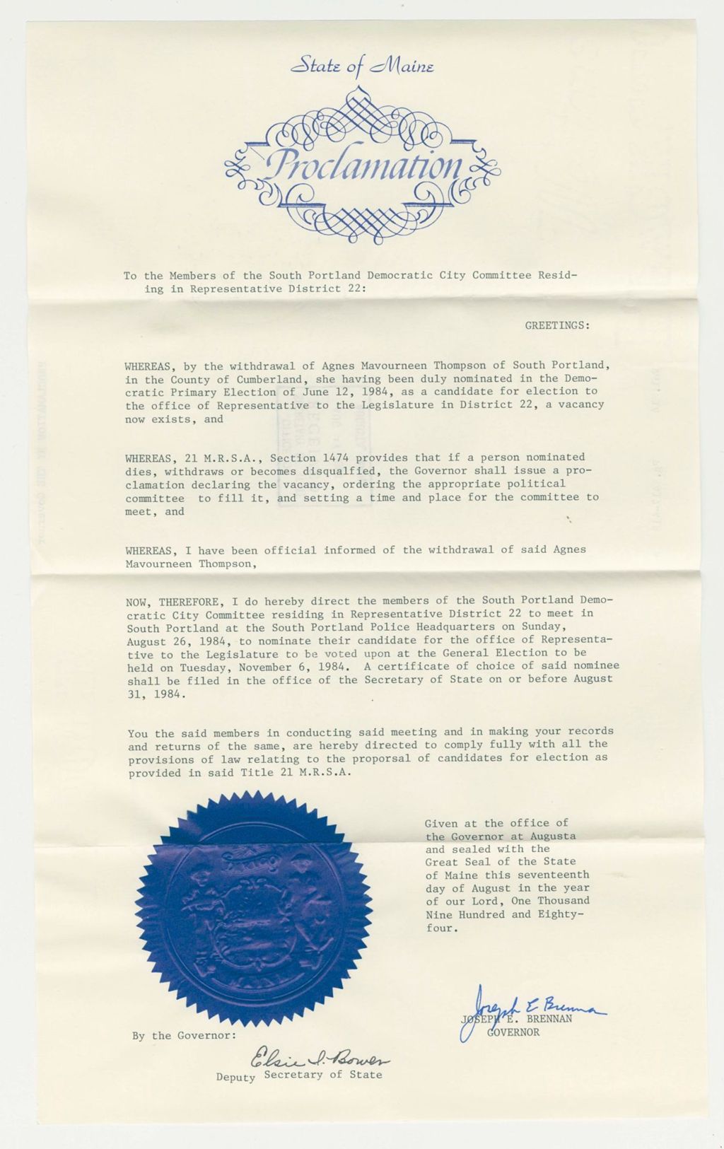 Miniature of Nomination for Election due to the withdrawal of Agnes Mavourneen Thompson (South Portland)