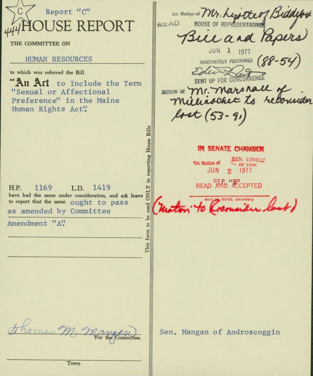 Miniature of H.P 1169/L.D.1419 "An ACT to Include the Term "Sexual or Affectional Preference" in the Maine Human Rights Act." Committee Amendment "A"