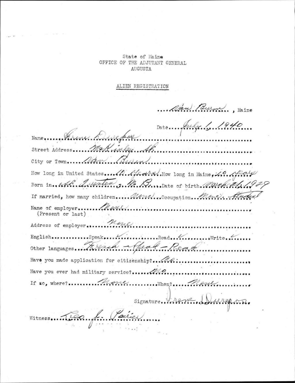 Miniature of Alien Registration- Durepos, Irene (Van Buren, Aroostook County)