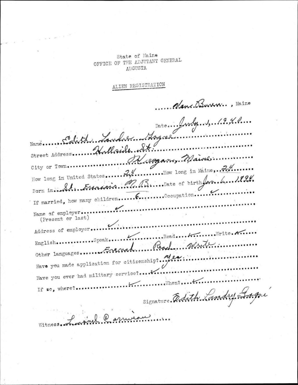 Miniature of Alien Registration- Landry, Edith (Van Buren, Aroostook County)