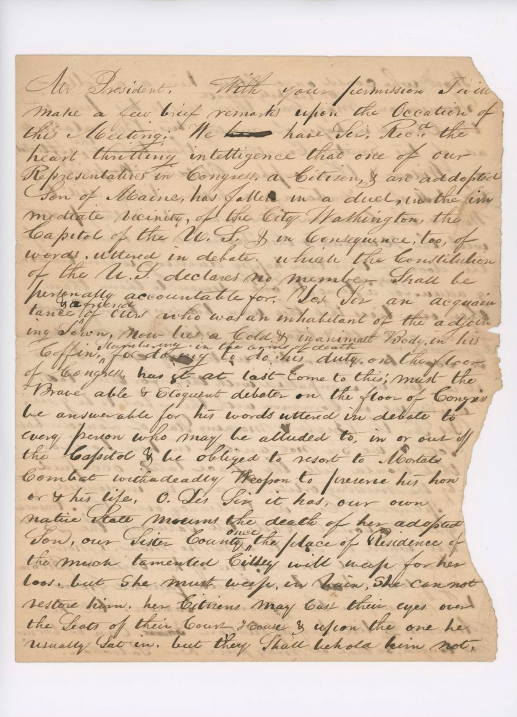 Miniature of Letter re Death of Rep Jonathan Cilley, 1838