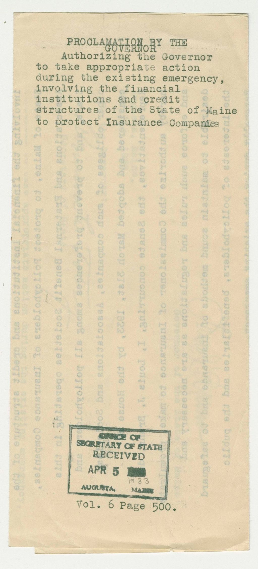 Miniature of Authorizing the Governor to take appropriate action during the existing emergency involving the financial institutions and credit structures of the State of Maine to protect Insurance Companies