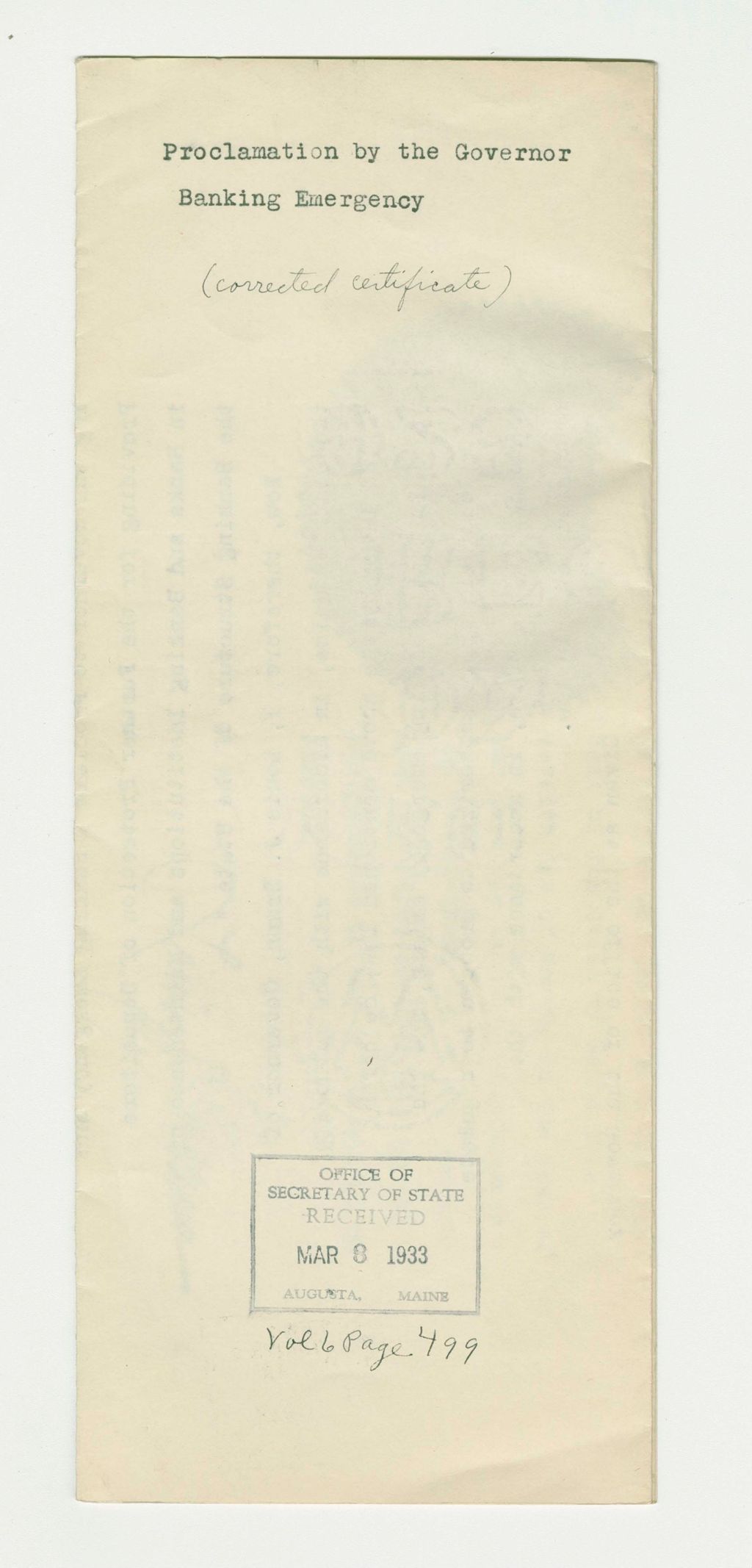 Miniature of Banking Emergency Proclamation (corrected certificate)