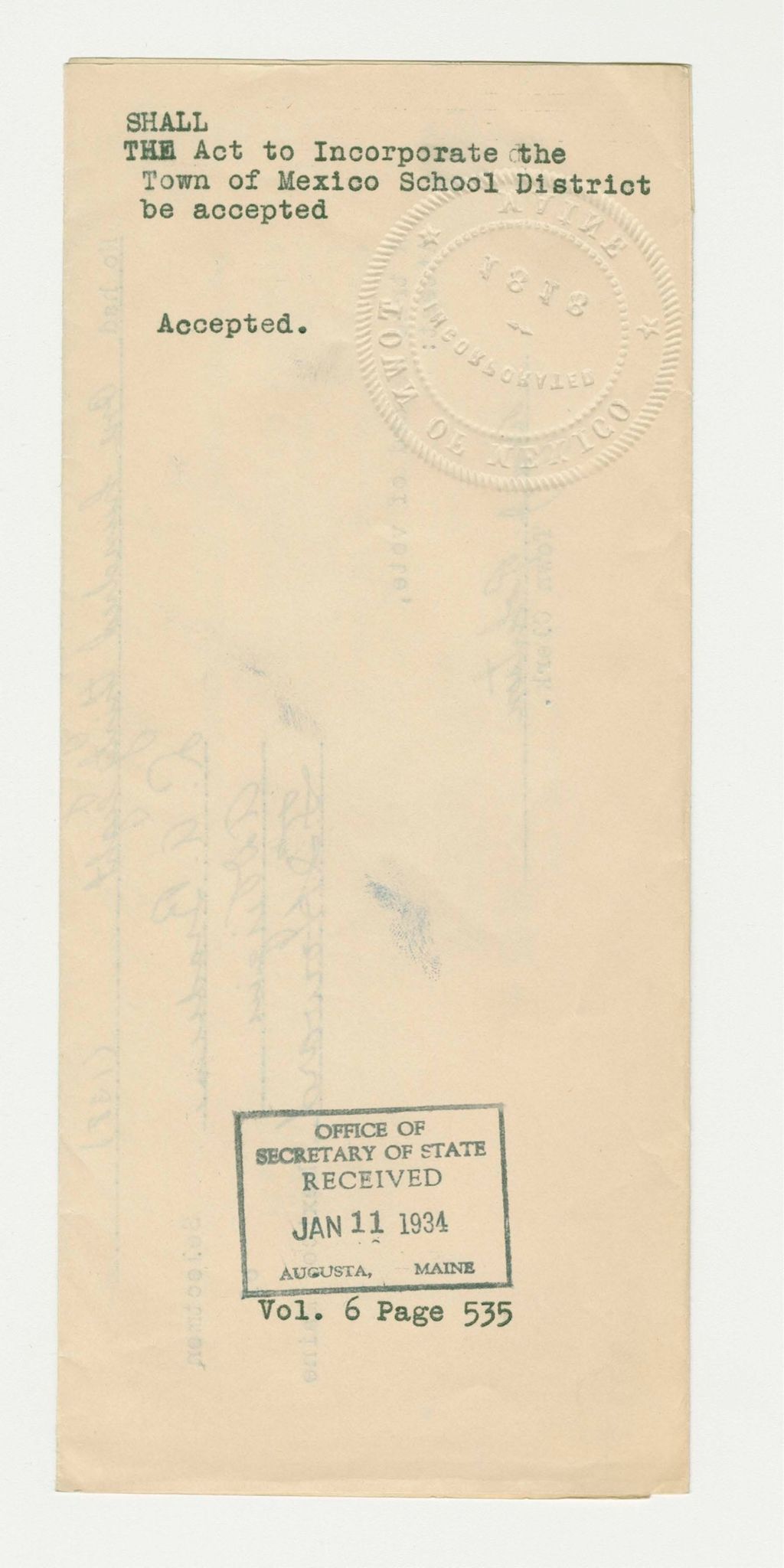 Miniature of Shall the Act to Incorporate the Town of Mexico School District be accepted