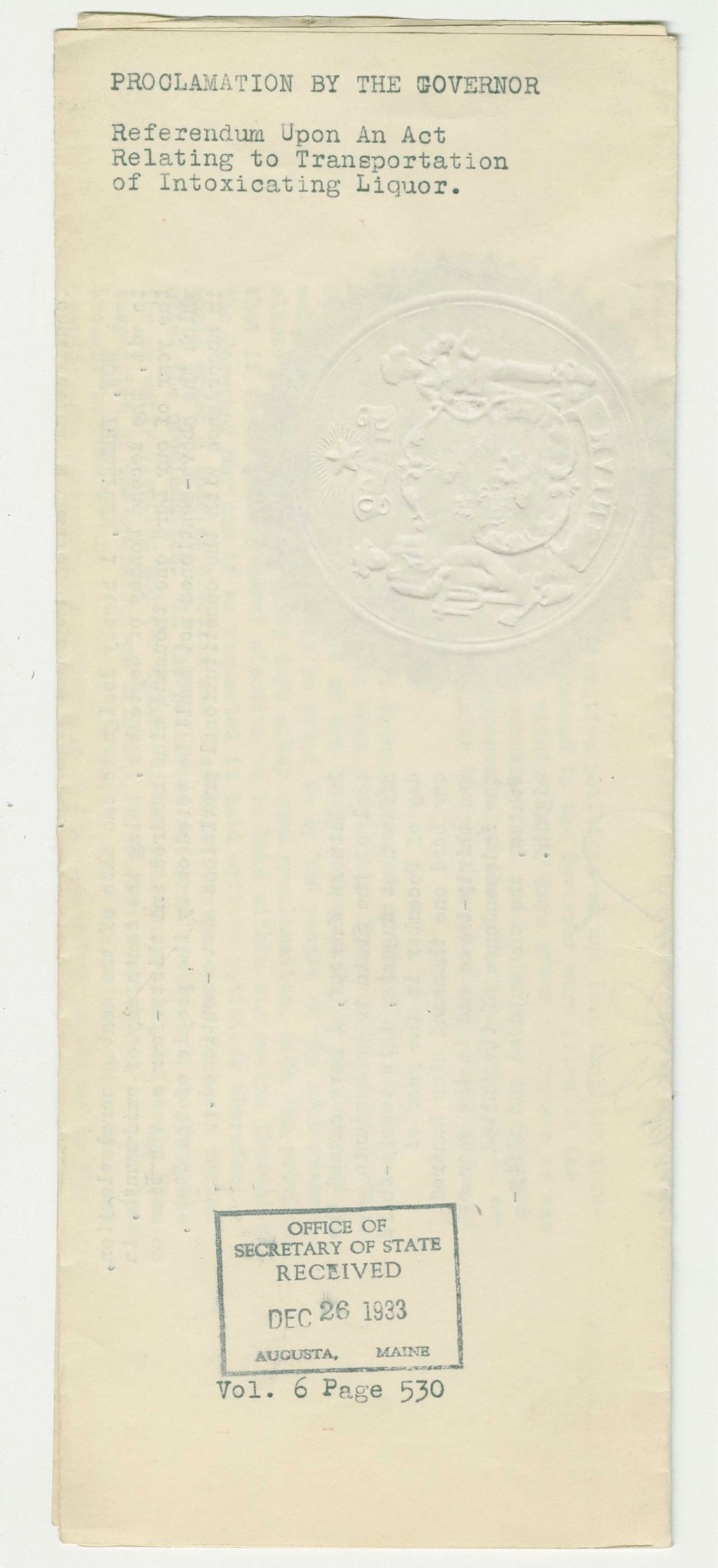 Miniature of Referendum Upon An Act Relating to Transportation of Intoxicating Liquor