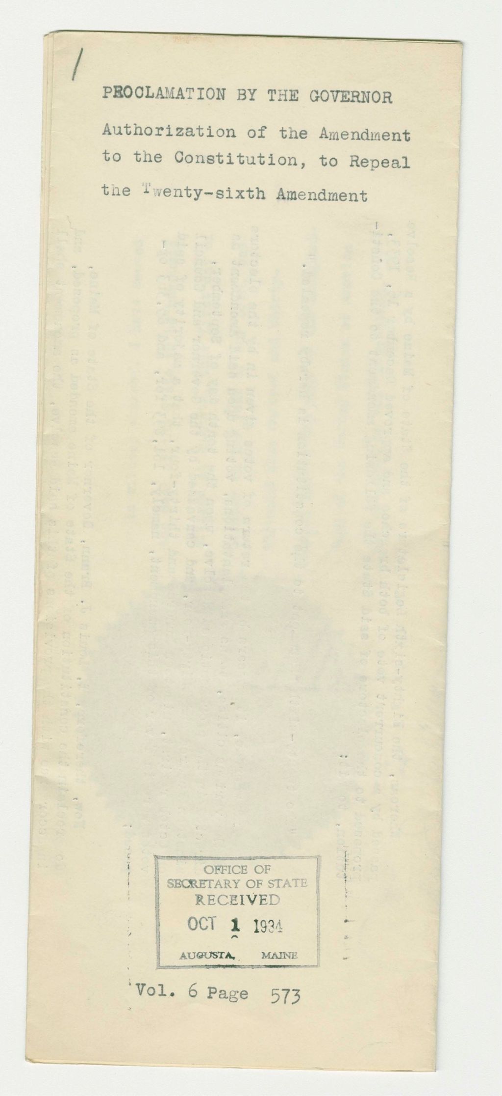 Miniature of Authorization of the Amendment to the Constitution to Repeal the Twenty-Sixth Amendment