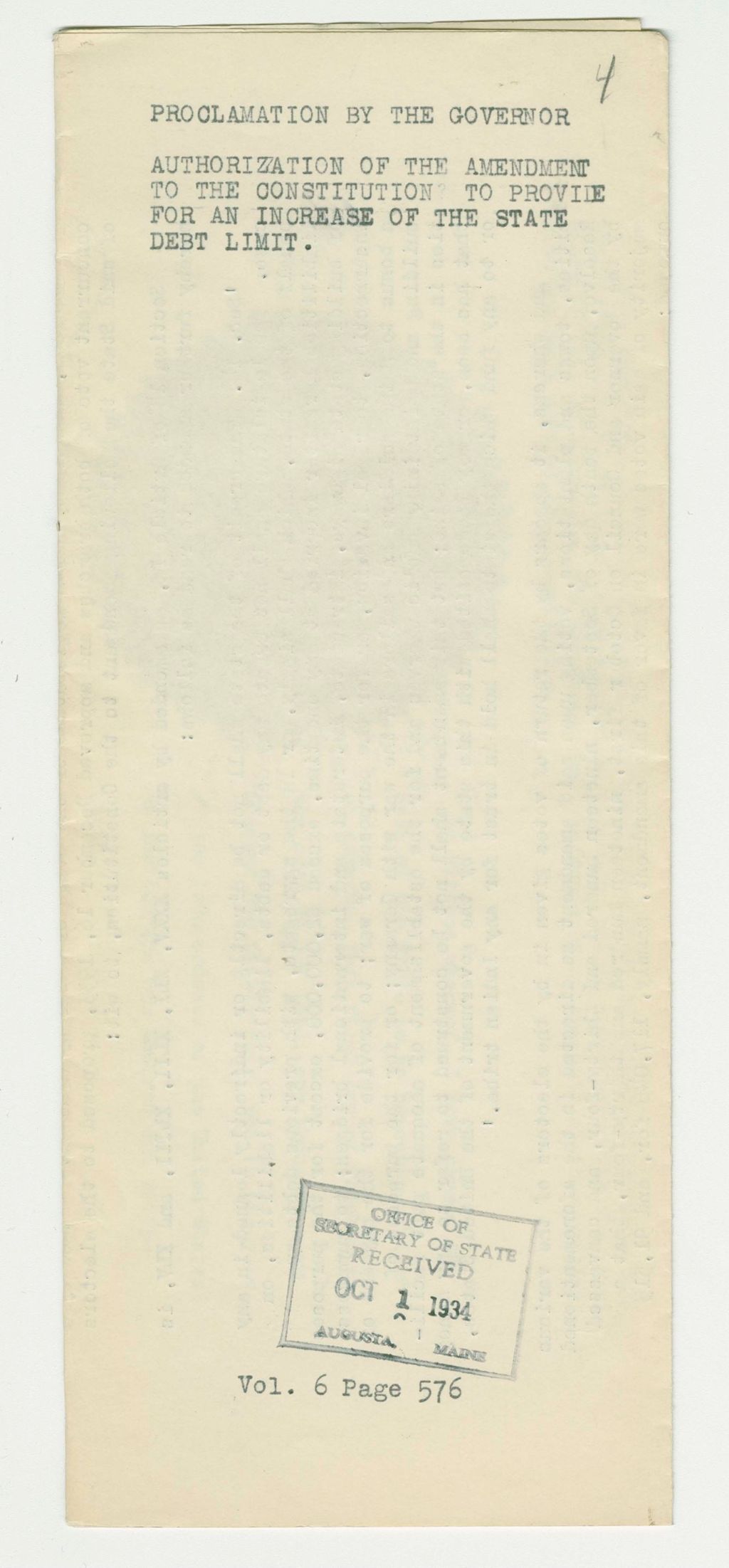 Miniature of Authorization of the Amendment to the Constitution to Provide for an Increase of the State Debt Limit
