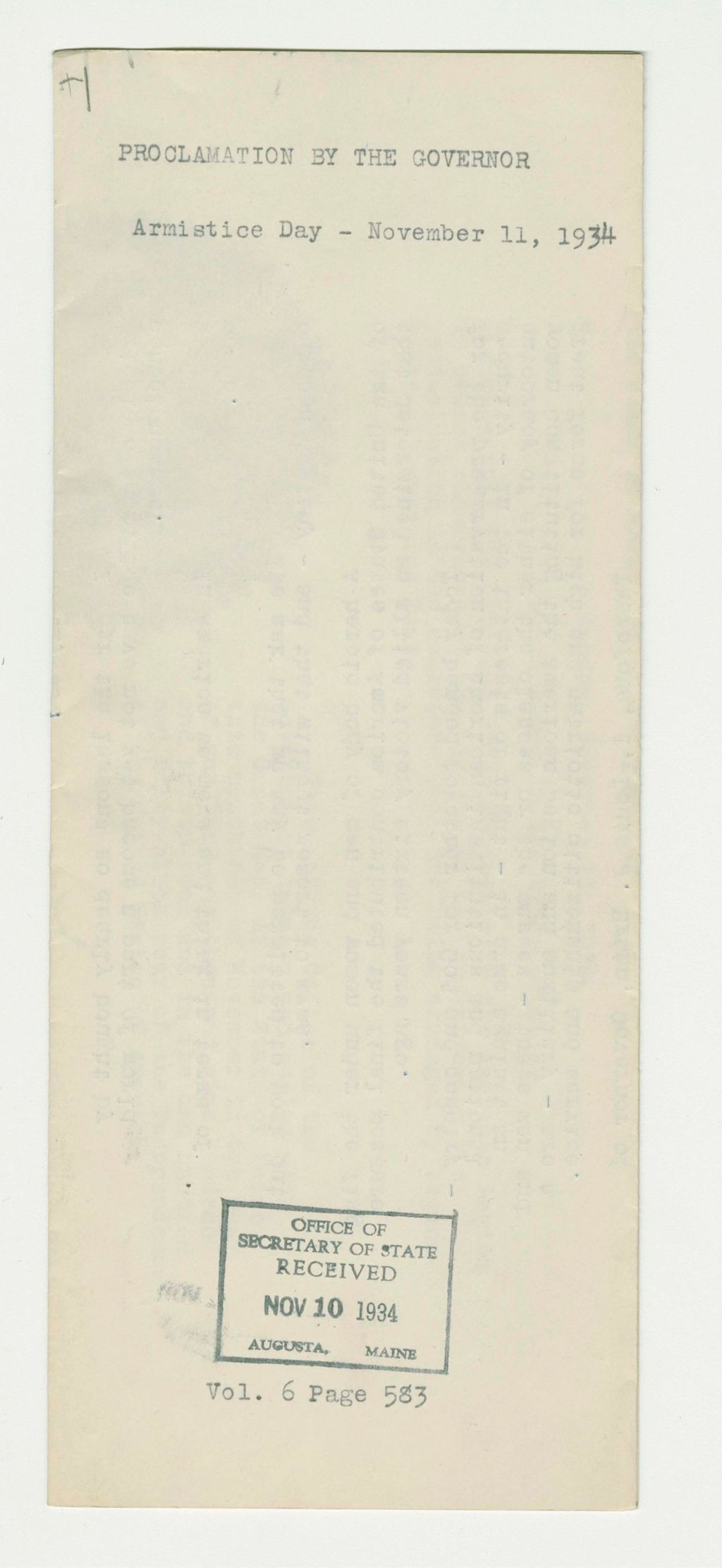 Miniature of Armistice Day Proclamation