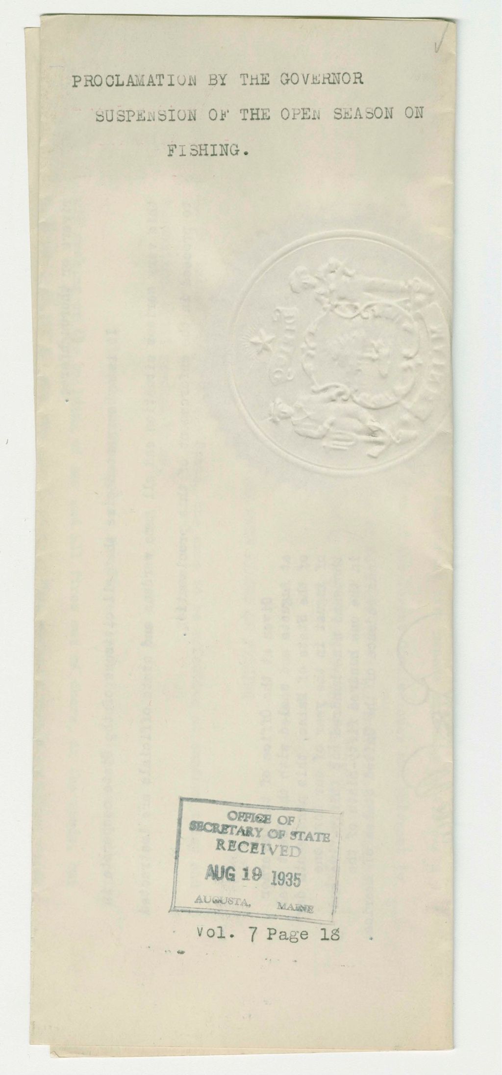 Miniature of Proclamation on Suspension of the Open Season on Fishing