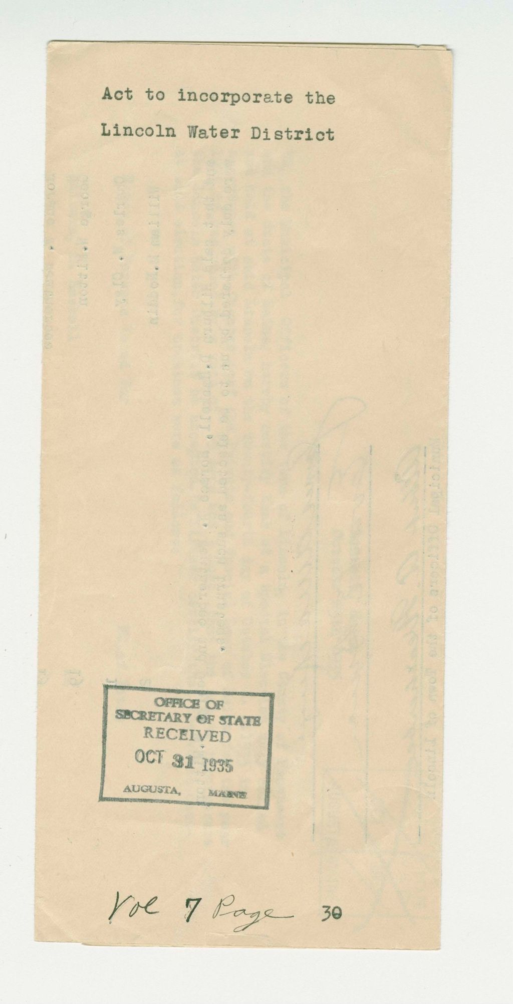 Miniature of Act to Incoprorate the Lincoln Water District