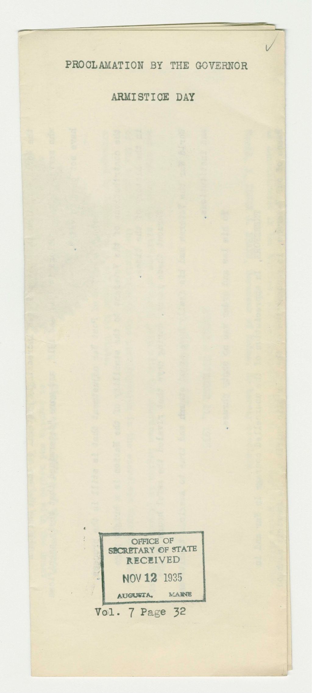 Miniature of Armistice Day Proclamation