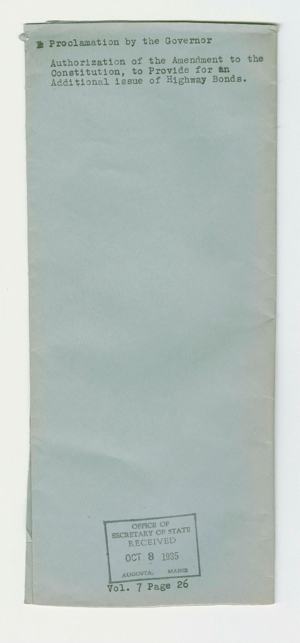 Miniature of Authorization of the Amendment to the Constitution to Provide for an Additional issue of Highway Bonds