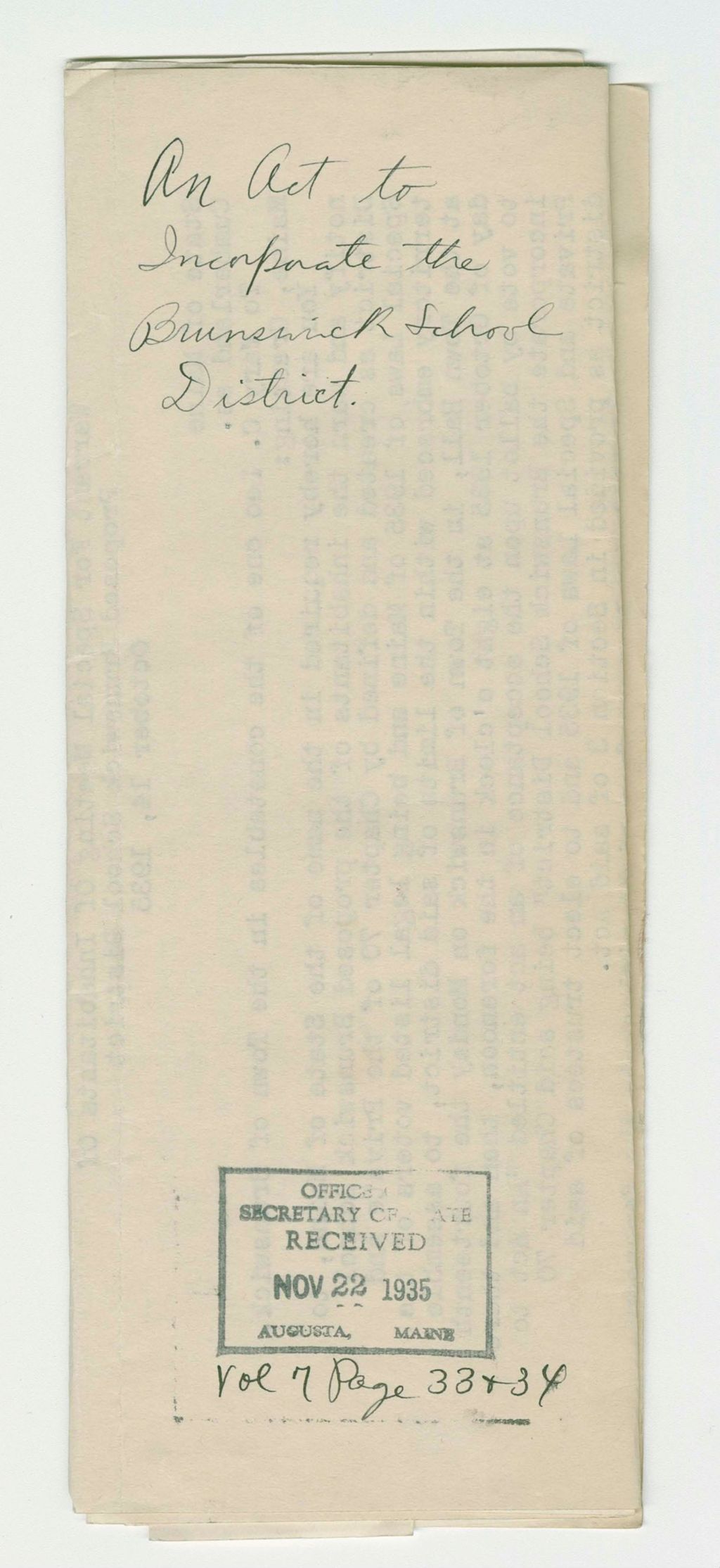 Miniature of An Act to Incorporate the Brunswick School District