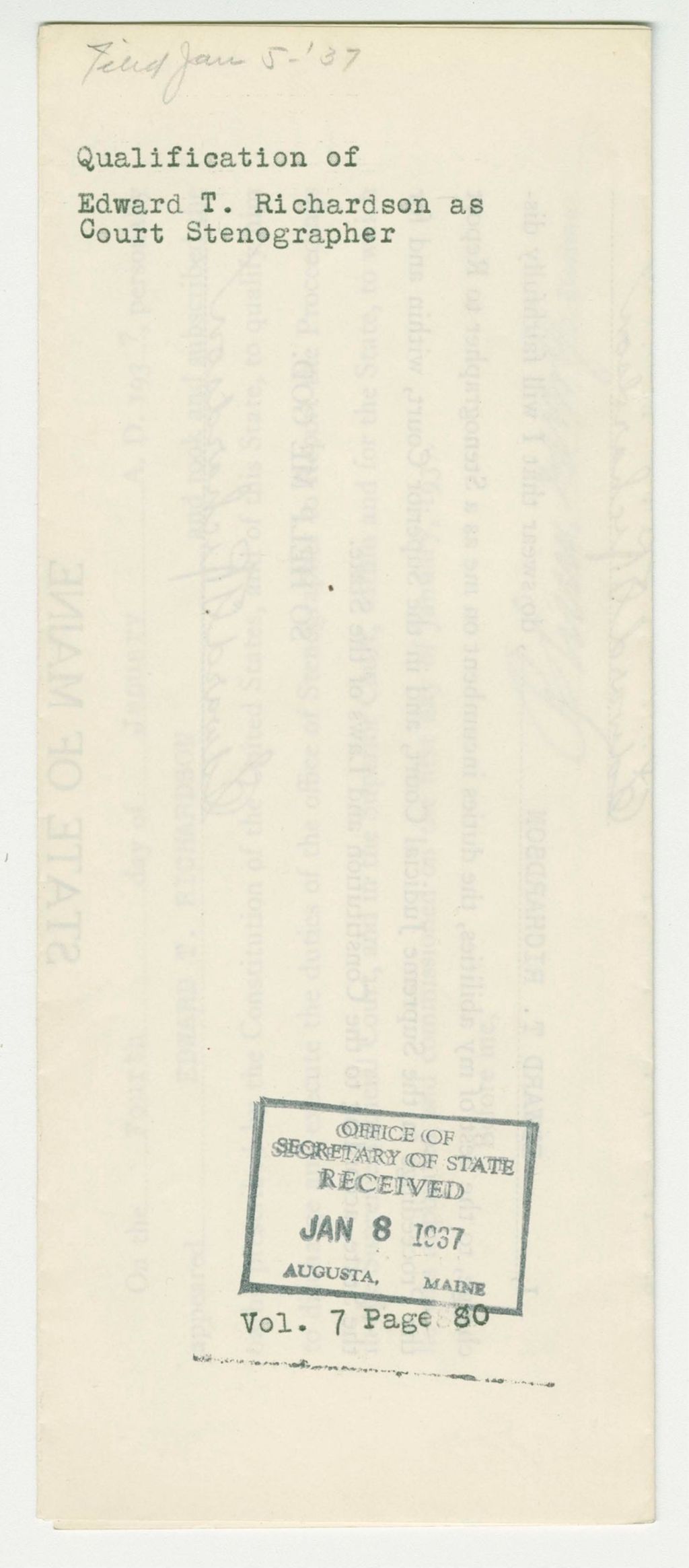 Miniature of Qualification of Edward T. Richardson as Court Stenographer