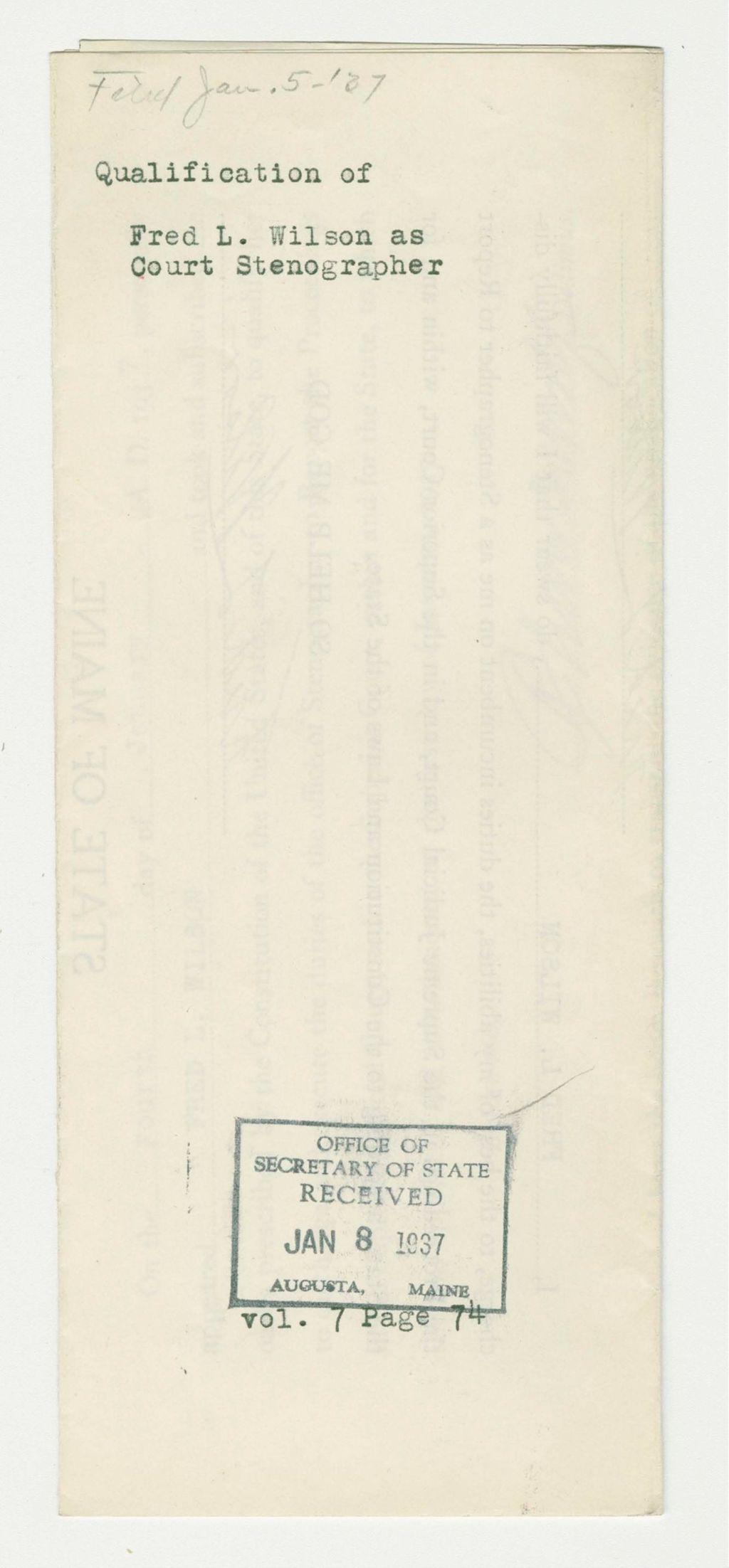 Miniature of Qualification of Fred L. Wilson as Court Stenographer