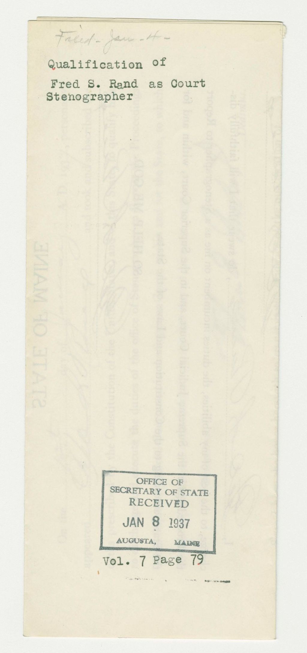 Miniature of Qualification of Fred S. Rand as Court Stenographer