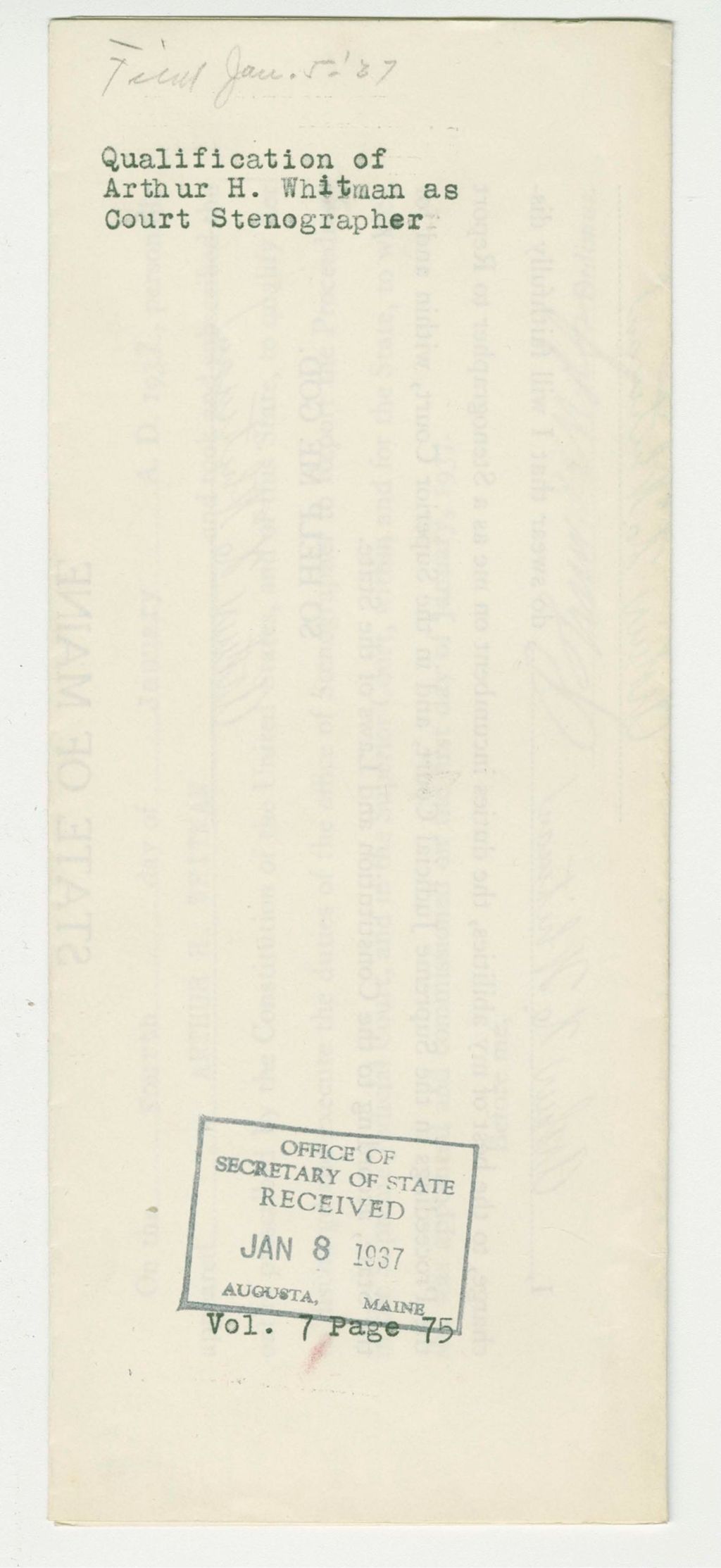 Miniature of Qualification of Arthur H. Whitman as Court Stenographer