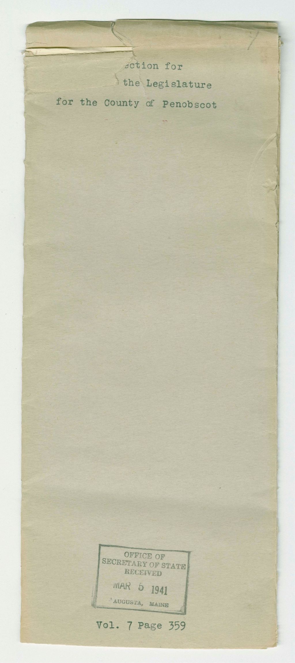 Miniature of Writ of Election for the legislature for the County of Penobscot