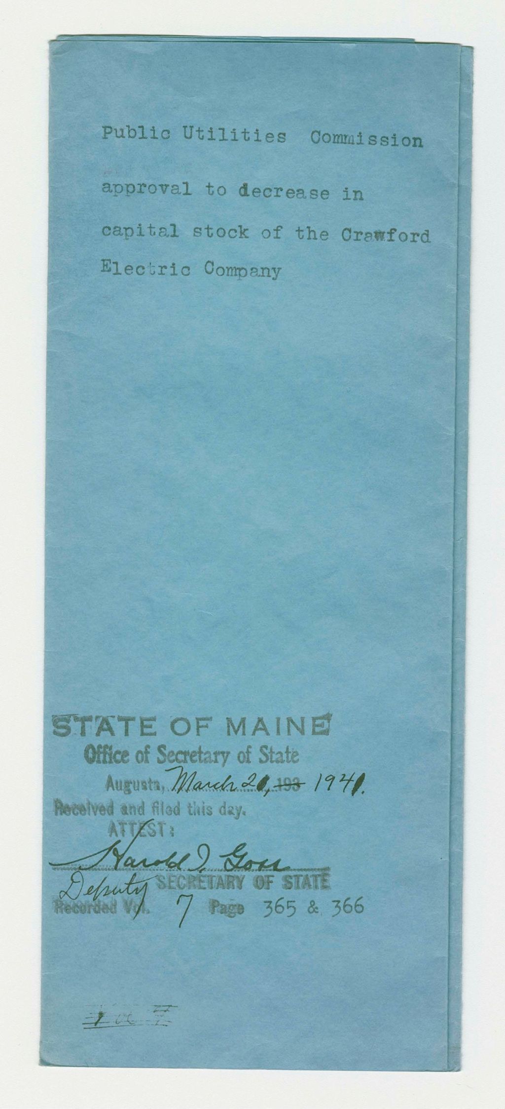 Miniature of Public Utilities Commission approval to decrease in capital stock of the Crawford Electric Company