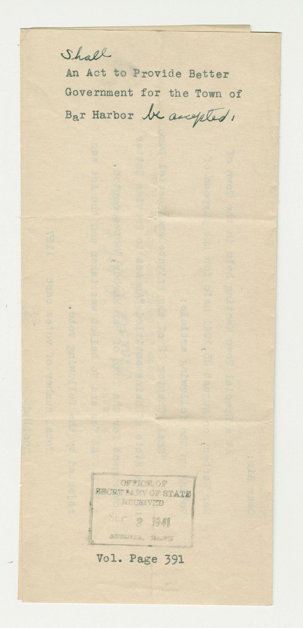 Miniature of An Act to Provide Better Government for the Town of Bar Harbor