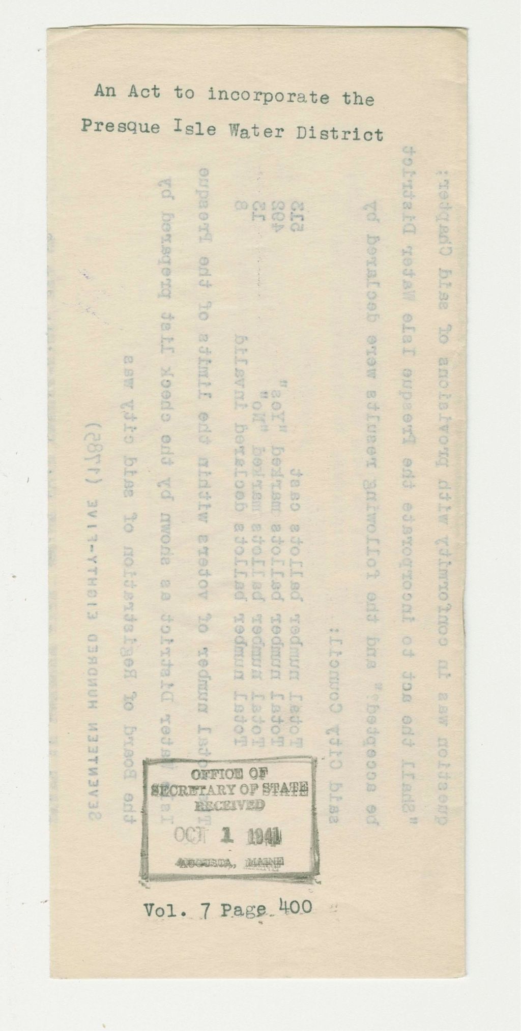 Miniature of An Act to Incorporate the Presque Isle Water District